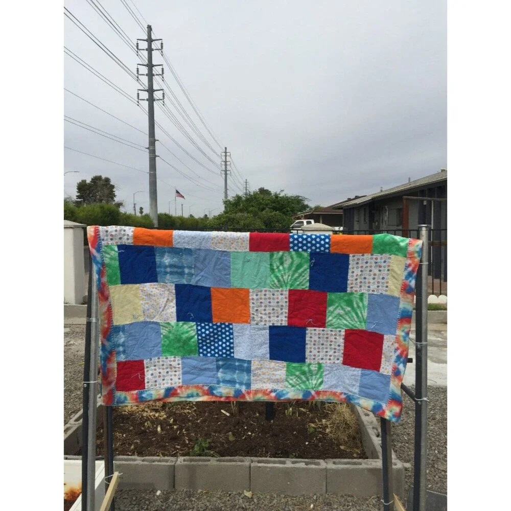 Handmade Reversible Patchwork Quilt Blanket 53x44 Hand Tied Fleece Backing Lap